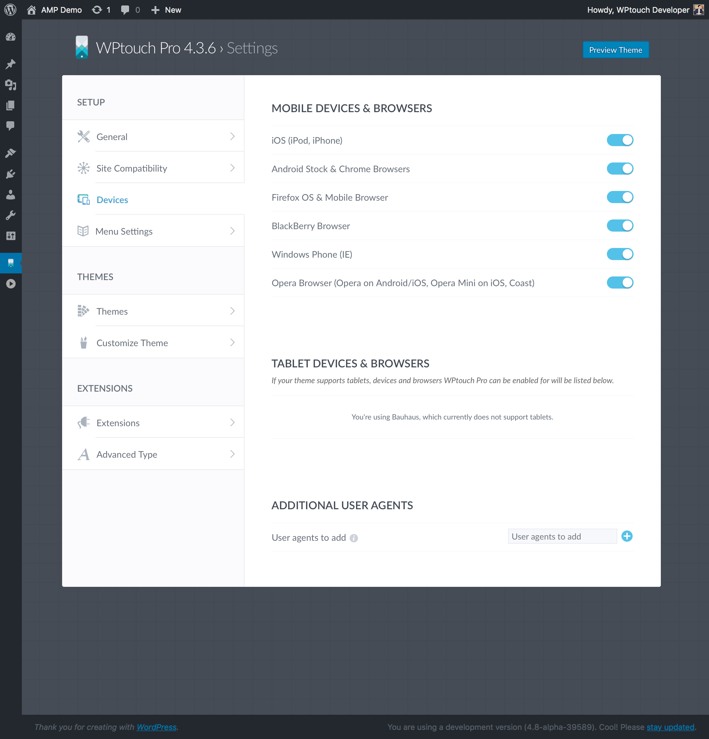 Devices options - WPtouch settings panel.